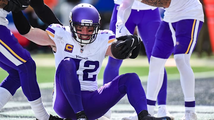 Sep 8, 2024; East Rutherford, New Jersey, USA; Minnesota Vikings safety Harrison Smith (22) reacts after intercepting a pass against the New York Giants during the second half at MetLife Stadium.