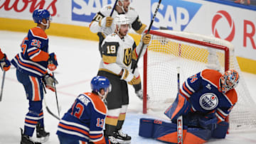 Las Vegas Golden Knights right winger Reilly Smith (19) celebrates a goal on Edmonton Oilers goalie Stuart Skinner (74)