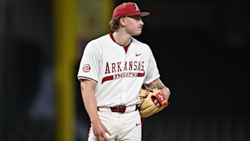 Feb 23, 2025; Arlington, TX, USA; The Michigan Wolverines play the Arkansas Razorbacks during the Amegy Bank College Baseball Series presented by Kubota Weekend 2 at Globe Life Field. Mandatory Credit: Jerome Miron-Imagn Images