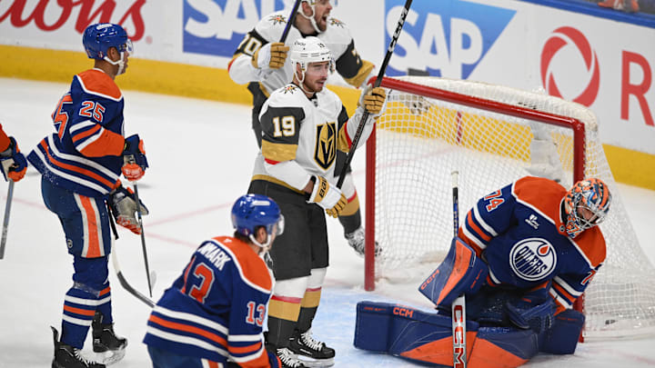 Las Vegas Golden Knights right winger Reilly Smith (19) celebrates a goal on Edmonton Oilers goalie Stuart Skinner (74)
