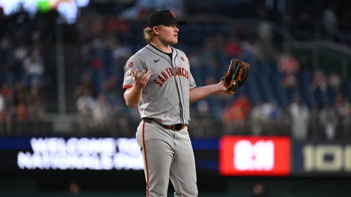 Aug 5, 2024; Washington, District of Columbia, USA; San Francisco Giants starting pitcher Logan Webb reacts after having a ball called.