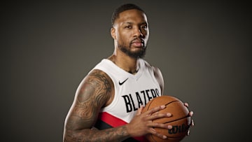Sep 29, 2025; Portland, OR, USA; Portland Trail Blazers guard Damian Lillard (0) during media day at the Moda Center. Mandatory Credit: Troy Wayrynen-Imagn Images