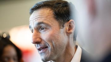 Nov 10, 2023: Cleveland Guardians president of baseball operations Chris Antonetti talks to the media during an introductory press conference for new manager Stephen Vogt at Progressive Field.