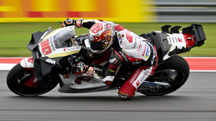 Apr 14, 2024; Austin, TX, USA; Takaaki Nakagami (30) of Japan and LCR Honda Idemitsu rides in warmups before the start of the MotoGP Grand Prix of The Americas at Circuit of The Americas. Mandatory Credit: Jerome Miron-USA TODAY Sports