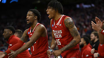 Mar 29, 2025; San Francisco, CA, USA; Texas Tech Red Raiders guard Kevin Overton (1) and forward JT Toppin (15) react during the second half against the Florida Gators during the West Regional final of the 2025 NCAA tournament at Chase Center. Mandatory Credit: Eakin Howard-Imagn Images