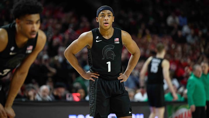 Feb 26, 2025; College Park, Maryland, USA; Michigan State Spartans guard Jeremy Fears Jr. (1) looks on during the second half against the Maryland Terrapins at Xfinity Center. Mandatory Credit: Reggie Hildred-Imagn Images