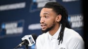 Mar 21, 2024; Indianapolis, IN, USA; Grambling State Tigers guard Jourdan Smith (11) speaks to the media during the NCAA tournament practice day at Gainbridge FieldHouse. Mandatory Credit: Robert Goddin-USA TODAY Sports