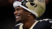 Dec 1, 2024; New Orleans, Louisiana, USA; New Orleans Saints wide receiver Marquez Valdes-Scantling (10) smiles before a game against the Los Angeles Rams at Caesars Superdome. Mandatory Credit: Matthew Hinton-Imagn Images