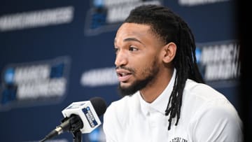 Mar 21, 2024; Indianapolis, IN, USA; Grambling State Tigers guard Jourdan Smith (11) speaks to the media during the NCAA tournament practice day at Gainbridge FieldHouse. Mandatory Credit: Robert Goddin-USA TODAY Sports