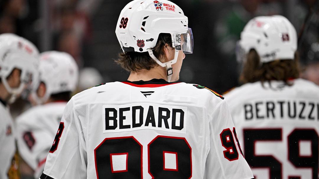 Mar 8, 2026; Dallas, Texas, USA; Chicago Blackhawks center Connor Bedard (98) looks on during the game between the Stars and the Blackhawks at American Airlines Center. Mandatory Credit: Jerome Miron-Imagn Images