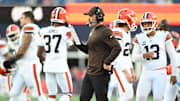 Oct 26, 2025; Foxborough, Massachusetts, USA;  Cleveland Browns head coach Kevin Stefanski looks on during the fourth quarter against the New England Patriots at Gillette Stadium. Mandatory Credit: Brian Fluharty-Imagn Images