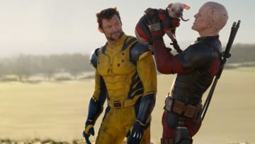 (L-R): Hugh Jackman as Wolverine/Logan, Dogpool, and Ryan Reynolds as Deadpool/Wade Wilson in 20th Century Studios/Marvel Studios' DEADPOOL & WOLVERINE. Photo by Jay Maidment. © 2024 20th Century Studios / © and ™ 2024 MARVEL.