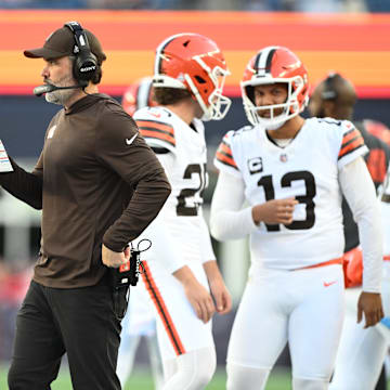 Oct 26, 2025; Foxborough, Massachusetts, USA;  Cleveland Browns head coach Kevin Stefanski looks on during the fourth quarter against the New England Patriots at Gillette Stadium. Mandatory Credit: Brian Fluharty-Imagn Images
