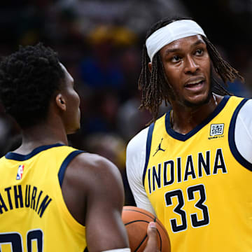 Indiana Pacers center Myles Turner and guard Bennedict Mathurin on Oct 27, 2024.
