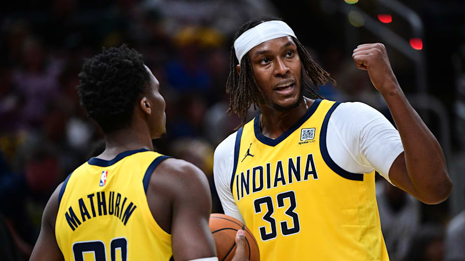 Indiana Pacers center Myles Turner and guard Bennedict Mathurin on Oct 27, 2024. | Marc Lebryk-Imagn Images