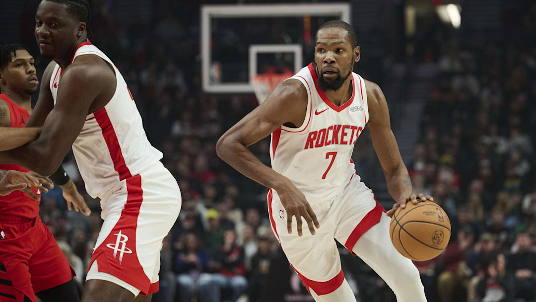 Jan 9, 2026; Portland, Oregon, USA; Houston Rockets forward Kevin Durant (7) drives to the basket during the first half against the Portland Trail Blazers at Moda Center. Mandatory Credit: Troy Wayrynen-Imagn Images