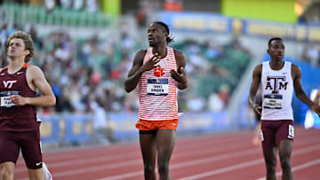 Jun 5, 2024; Eugene, OR, USA; Tarees Rhoden of Clemson qualifies for the finals in the mens 800 meters at Hayward Field. Mandatory Credit: Craig Strobeck-Imagn Images