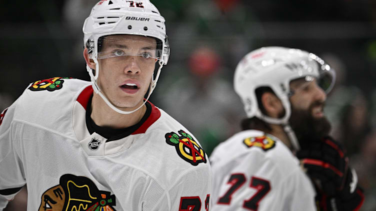 Oct 26, 2024; Dallas, Texas, USA; Chicago Blackhawks defenseman Alex Vlasic (72) looks on during the face-off in the second period against the Dallas Stars at the American Airlines Center. Mandatory Credit: Jerome Miron-Imagn Images
