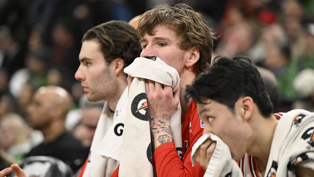 Mar 16, 2026; Chicago, Illinois, USA; Chicago Bulls guard Josh Giddey (3), left, forward Matas Buzelis (14), center,  and  guard Yuki Kawamura (8) are seen on the bench during the second half against the Memphis Grizzlies at United Center. Mandatory Credit: Matt Marton-Imagn Images