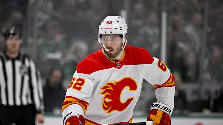 Dec 8, 2024; Dallas, Texas, USA; Calgary Flames defenseman Daniil Miromanov (62) in action during the game between the Dallas Stars and the Calgary Flames at American Airlines Center. Mandatory Credit: Jerome Miron-Imagn Images