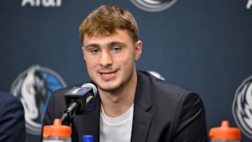 Jun 27, 2025; Dallas, TX, USA; Dallas Mavericks first overall pick Cooper Flagg speaks to the media 