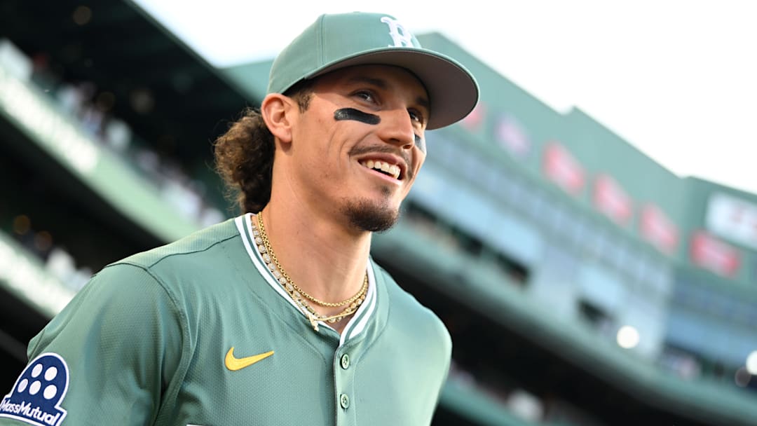 May 16, 2025; Boston, Massachusetts, USA; Boston Red Sox left fielder Jarren Duran (16) runs out of the dugout before the start of a game against the Atlanta Braves at Fenway Park