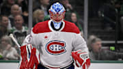 Jan 16, 2025; Dallas, Texas, USA; Montreal Canadiens goaltender Jakub Dobes (75) skates in the crease before facing the Dallas Stars during the second period at the American Airlines Center. Mandatory Credit: Jerome Miron-Imagn Images