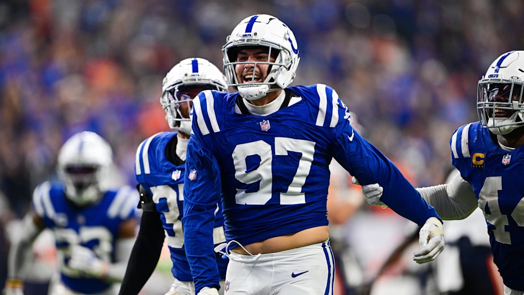 Sep 22, 2024; Indianapolis, Indiana, USA; Indianapolis Colts defensive end Laiatu Latu (97) celebrates a sack during the second half against the Chicago Bears at Lucas Oil Stadium. Mandatory Credit: Marc Lebryk-Imagn Images

