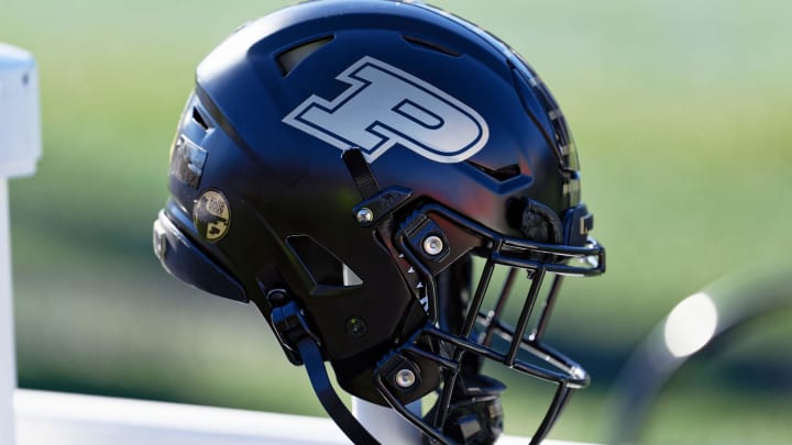 A detail view of a Purdue Boilermakers helmet 