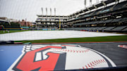 Aug 17, 2023; Cleveland, Ohio, USA; The tarp covers the field as the game between the Cleveland Guardians and the Detroit Tigers is postponed at Progressive Field.