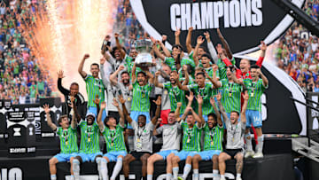Aug 31, 2025; Seattle, Washington, USA; The Seattle Sounders FC celebrate winning the Leagues Cup 2025 against Inter Miami CF at Lumen Field. Mandatory Credit: Steven Bisig-Imagn Images