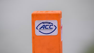 Sep 6, 2025; Dallas, Texas, USA; A view of the ACC logo on an end zone pylon during the game between the SMU Mustangs and the Baylor Bears at Gerald J. Ford Stadium. Mandatory Credit: Jerome Miron-Imagn Images