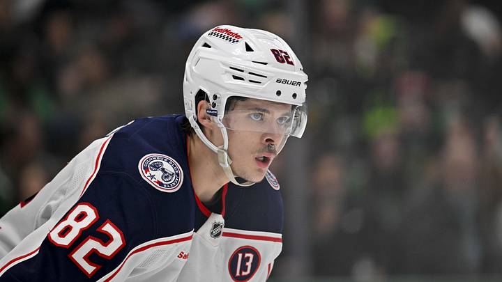 Feb 2, 2025; Dallas, Texas, USA; Columbus Blue Jackets left wing Mikael Pyyhtia (82) during the game between the Dallas Stars and the Columbus Blue Jackets at American Airlines Center. Mandatory Credit: Jerome Miron-Imagn Images
