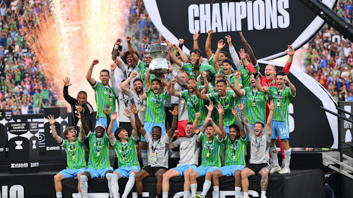 Aug 31, 2025; Seattle, Washington, USA; The Seattle Sounders FC celebrate winning the Leagues Cup 2025 against Inter Miami CF at Lumen Field. Mandatory Credit: Steven Bisig-Imagn Images