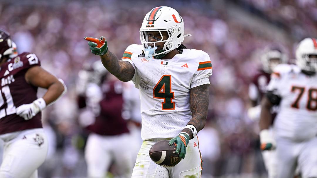 Dec 20, 2025; College Station, TX, USA; Miami Hurricanes running back Mark Fletcher Jr. (4) celebrates during the game between the Aggies and the Hurricanes at Kyle Field. Mandatory Credit: Jerome Miron-Imagn Images