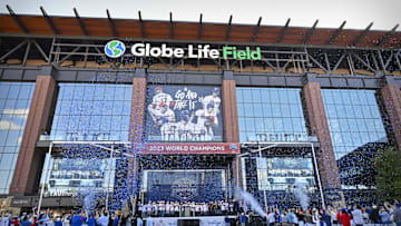 Nov 3, 2023; Arlington, TX, USA; A view of the Texas Rangers team as the confetti flies during the celebration outside of the ballpark after the World Series championship parade at Globe Life Field.