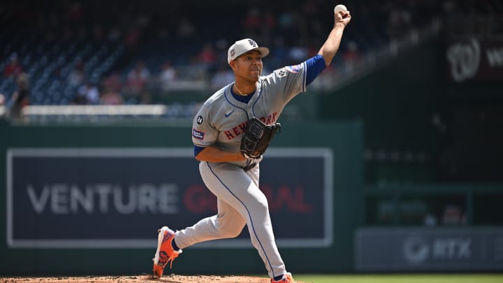 Jul 4, 2024; Washington, District of Columbia, USA; starting pitcher Jose Quintana (62) throws a pitch against the Washington Nationals during the first inning at Nationals Park. Mandatory Credit: Rafael Suanes-USA TODAY Sports
