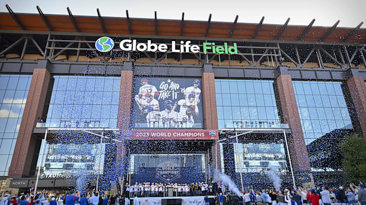 Nov 3, 2023; Arlington, TX, USA; A view of the Texas Rangers team as the confetti flies during the celebration outside of the ballpark after the World Series championship parade at Globe Life Field. Nov 3, 2023; Arlington, TX, USA; A view of the Texas Rangers team as the confetti flies during the celebration outside of the ballpark after the World Series championship parade at Globe Life Field.