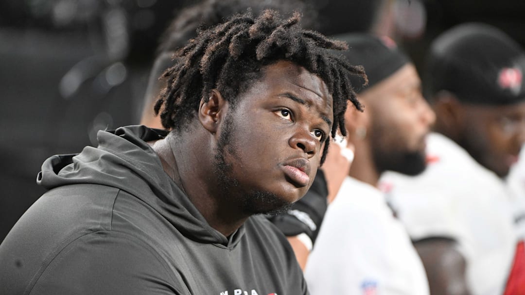 Aug 16, 2025; Pittsburgh, Pennsylvania, USA; Tampa Bay Buccaneers defensive tackle Desmond Watson watches the action against the  Pittsburgh Steelers during the second half at Acrisure Stadium. Mandatory Credit: Barry Reeger-Imagn Images