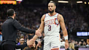 Nov 26, 2025; Sacramento, California, USA; Phoenix Suns guard/forward Dillon Brooks (3) reacts with teammates after coming out of the game during the second quarter of the game against the Sacramento Kings at Golden 1 Center. Mandatory Credit: Ed Szczepanski-Imagn Images