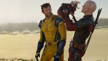 (L-R): Hugh Jackman as Wolverine/Logan, Dogpool, and Ryan Reynolds as Deadpool/Wade Wilson in 20th Century Studios/Marvel Studios' DEADPOOL & WOLVERINE. Photo by Jay Maidment. © 2024 20th Century Studios / © and ™ 2024 MARVEL.