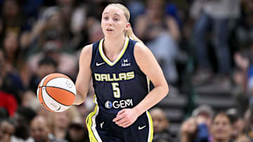 Jun 27, 2025; Dallas, Texas, USA; Dallas Wings guard Paige Bueckers (5) in action during the game between the Dallas Wings and the Indiana Fever at the American Airlines Center. Mandatory Credit: Jerome Miron-Imagn Images