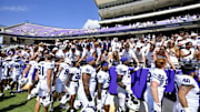 Sep 20, 2025; Fort Worth, Texas, USA; The TCU Horned Frogs celebrate with the student section after the game against the SMU Mustangs at Amon G. Carter Stadium. Mandatory Credit: Jerome Miron-Imagn Images