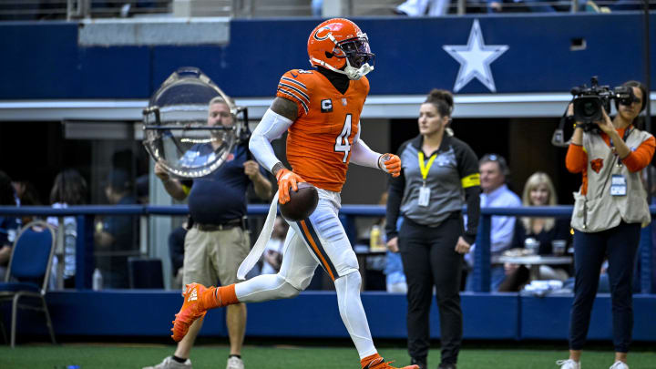 Oct 30, 2022; Arlington, Texas, USA; Chicago Bears safety Eddie Jackson (4) intercepts a pass thrown by Dallas Cowboys quarterback Dak Prescott (not pictured) during the second quarter at AT&T Stadium. Mandatory Credit: Jerome Miron-USA TODAY Sports