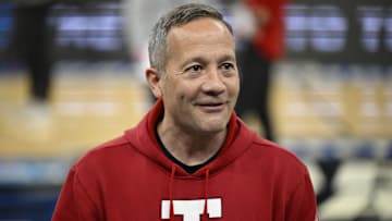 Mar 26, 2025; San Francisco, CA, USA; Texas Tech Red Raiders head coach Grant McCasland smiles during NCAA Tournament West Regional Practice at Chase Center. Mandatory Credit: Eakin Howard-Imagn Images