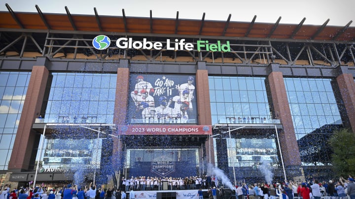 Nov 3, 2023; Arlington, TX, USA; A view of the Texas Rangers team as the confetti flies during the parade