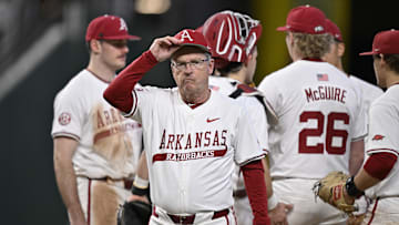 Feb 23, 2025; Arlington, TX, USA; The Michigan Wolverines play the Arkansas Razorbacks during the Amegy Bank College Baseball Series presented by Kubota Weekend 2 at Globe Life Field. Mandatory Credit: Jerome Miron-Imagn Images