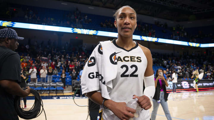 Sep 29, 2023; Arlington, Texas, USA; Las Vegas Aces forward A'ja Wilson (22) walks off the court after the Aces victory over the Dallas Wings during game three of the 2023 WNBA Playoffs at College Park Center. Mandatory Credit: Jerome Miron-USA TODAY Sports