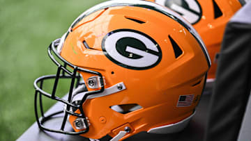 Dec 29, 2024; Minneapolis, Minnesota, USA;  A Green Bay Packers helmet sits ready before the game against the Minnesota Vikings at U.S. Bank Stadium. Mandatory Credit: Jeffrey Becker-Imagn Images