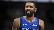 Jan 17, 2025; Dallas, Texas, USA; Dallas Mavericks guard Kyrie Irving (11) talks with the referees during the second quarter against the Oklahoma City Thunder at the American Airlines Center. Mandatory Credit: Jerome Miron-Imagn Images